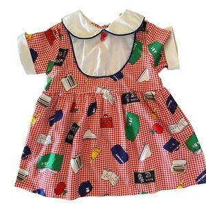 Vintage 70s Red Gingham Baby Dress with school house  Print